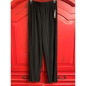 NWT Lock & Love L/XL  Woman's Black Pleated Wide Leg Pants No Iron Elastic Waist